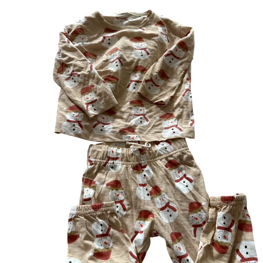 SIIX Kids Snowman Organic Cotton Pajama Set Tan 18-24M Long Sleeve Holiday PJ